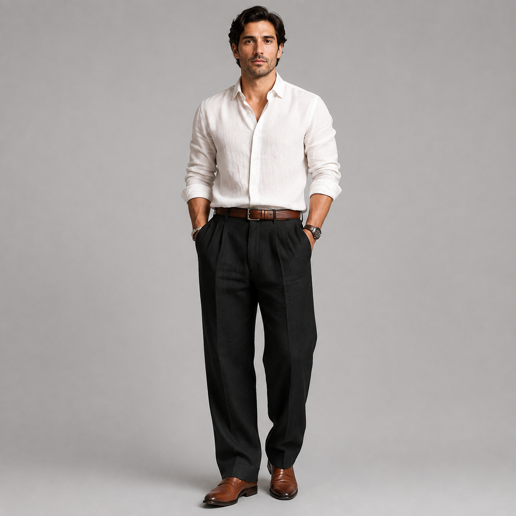A man modeling a white long-sleeve linen shirt tucked into black pleated trousers with a brown leather belt and brown dress shoes, standing against a solid gray studio background.
