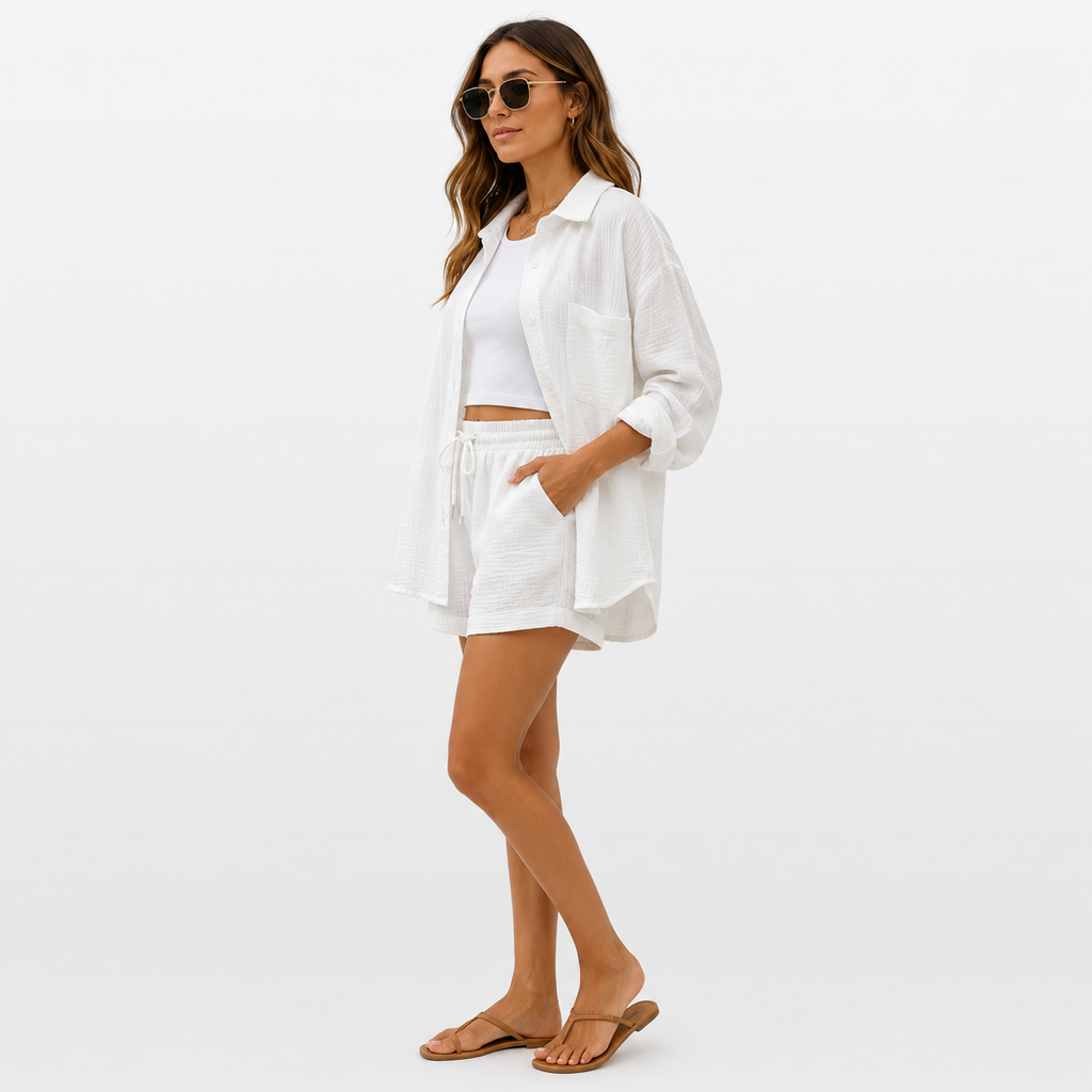 Woman wearing a white outfit with sunglasses on a plain background