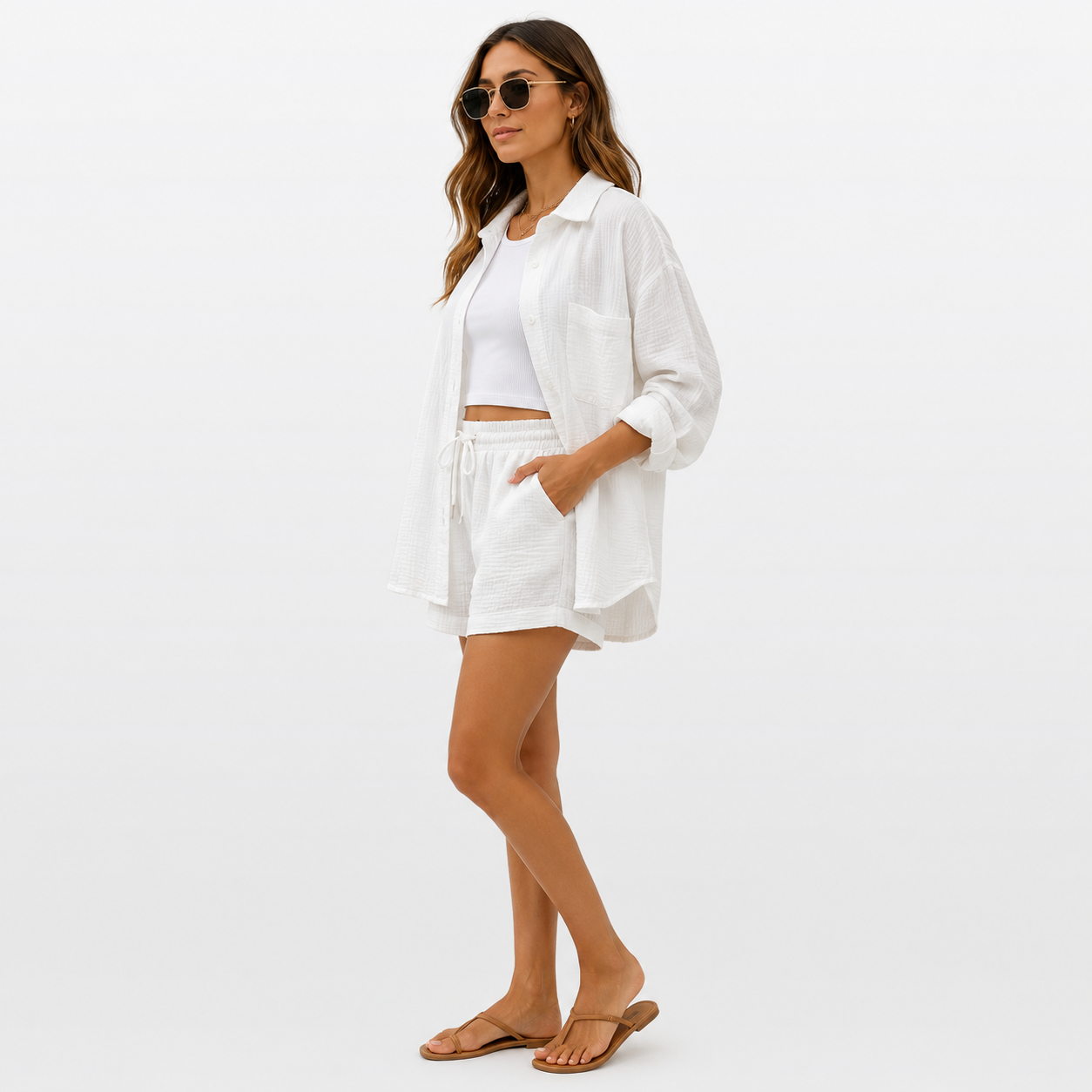 Woman wearing a white outfit with sunglasses on a plain background