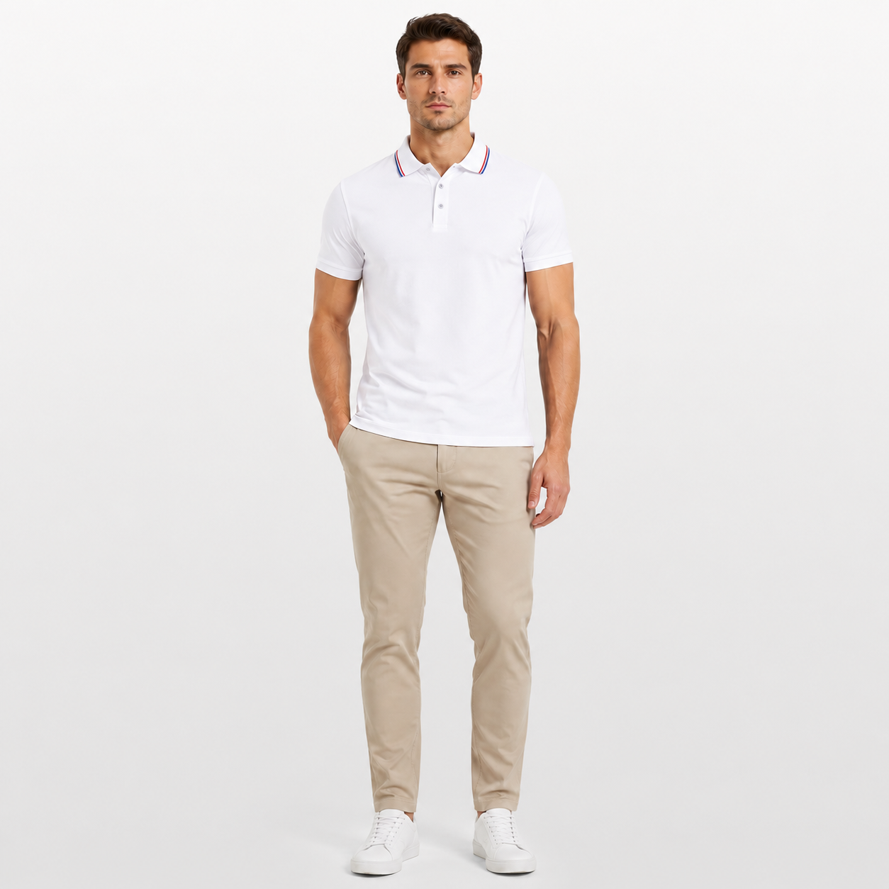 Man wearing a white polo shirt and beige pants on a light gray background