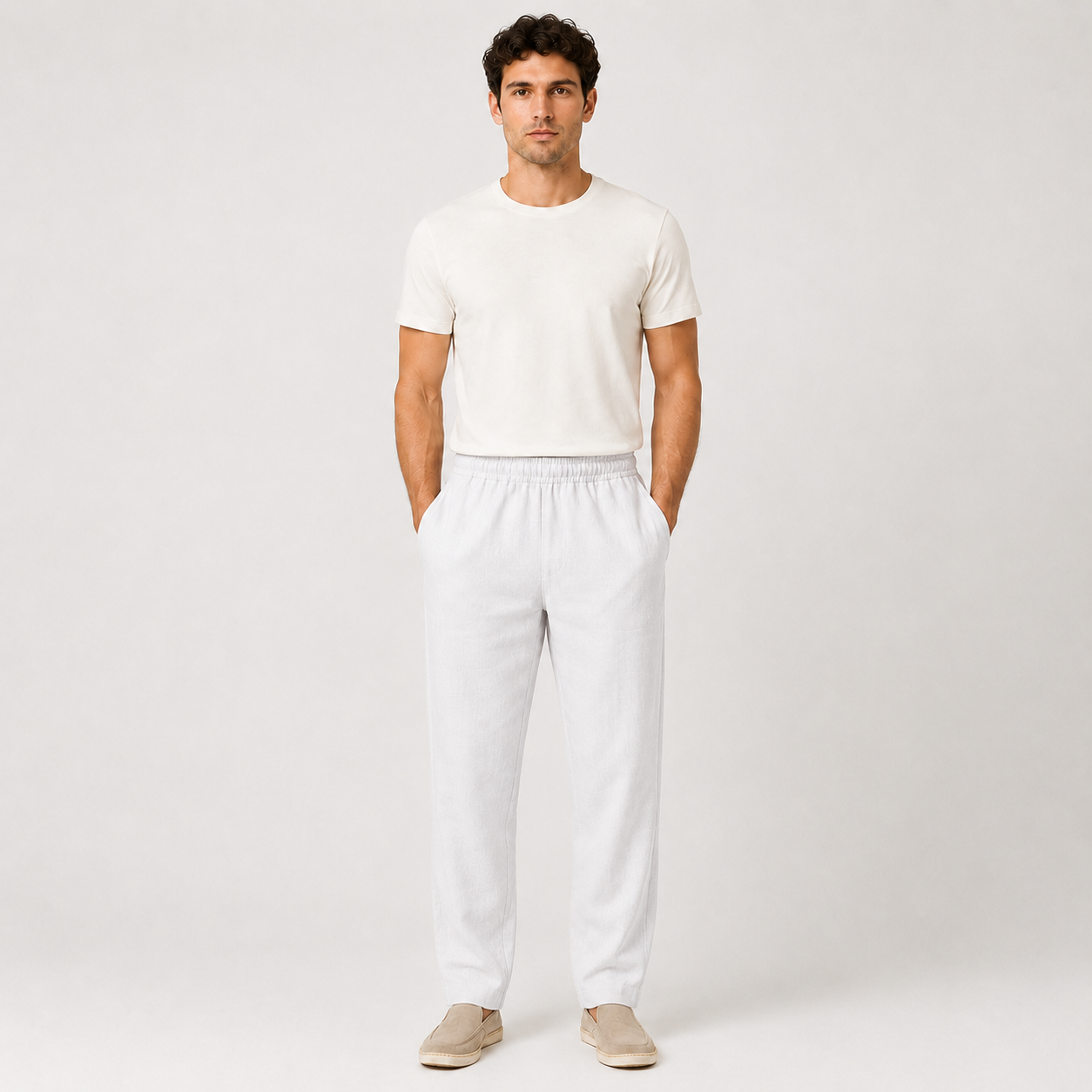 Man wearing a white t-shirt and light gray pants on a white background