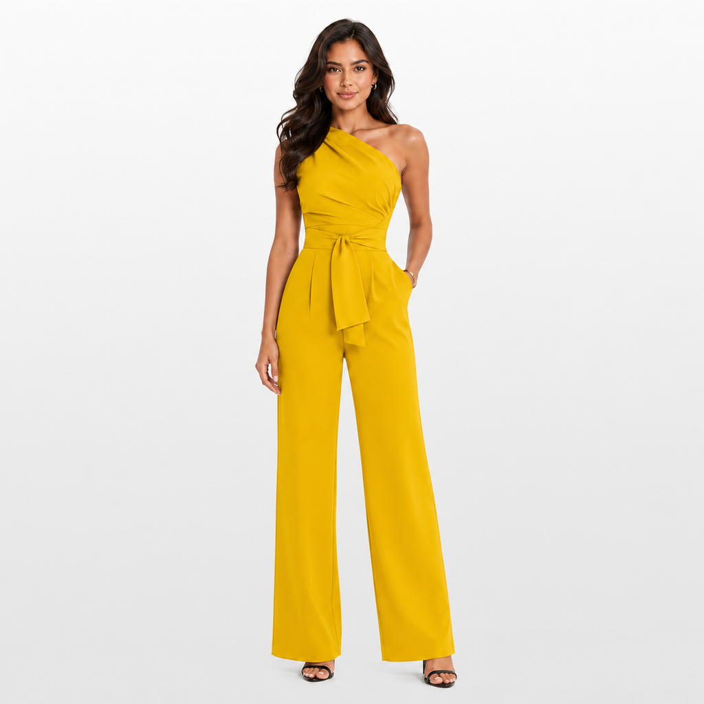 Woman wearing a yellow one-shoulder jumpsuit on a white background