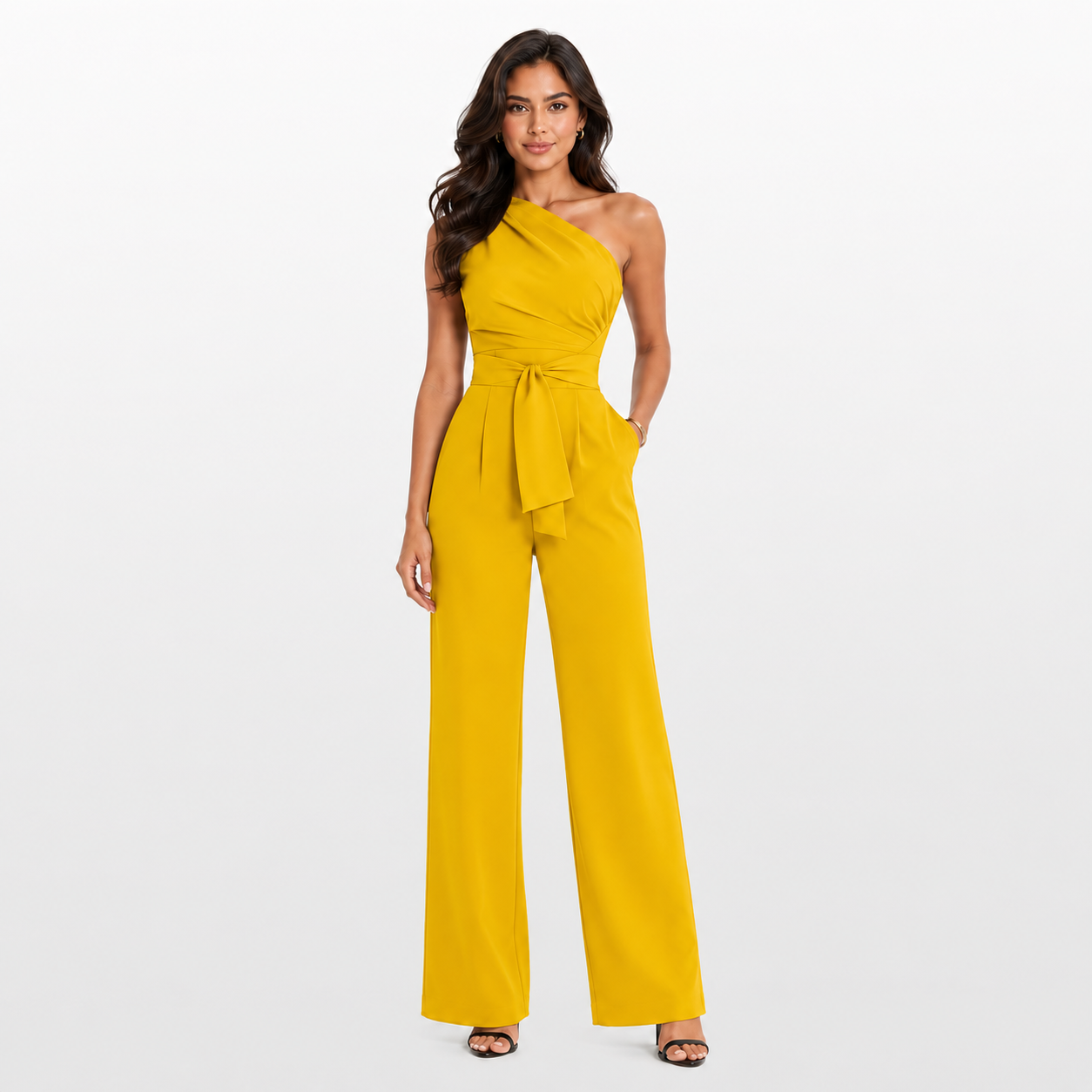 Woman wearing a yellow one-shoulder jumpsuit on a white background