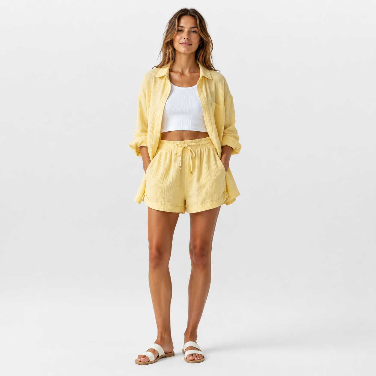Woman wearing a yellow outfit with a white background