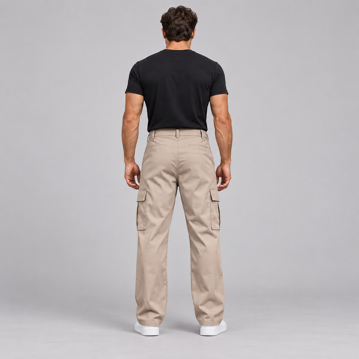 A man viewed from behind wearing beige cargo pants, a black t-shirt, and white sneakers against a solid gray studio background.