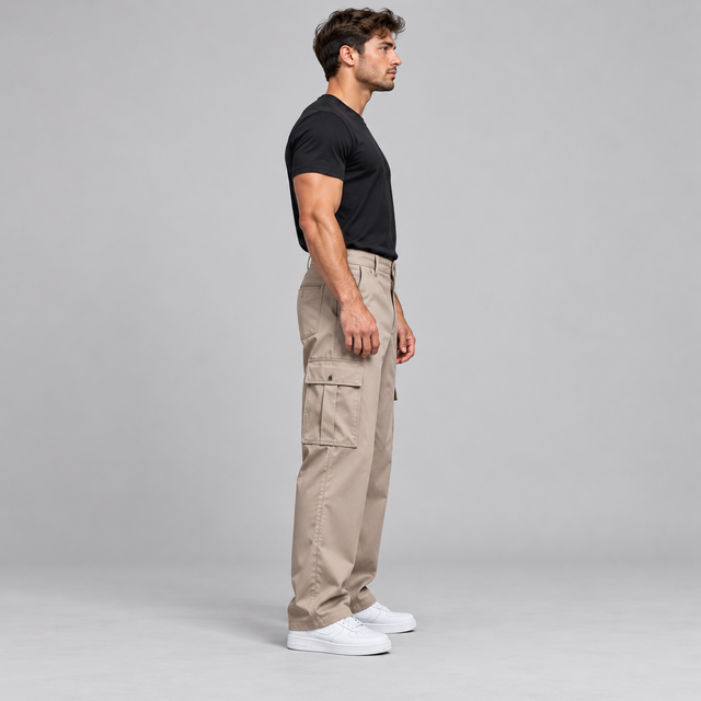 A man in a black t-shirt and beige cargo pants stands in profile against a light gray studio background, wearing white sneakers.