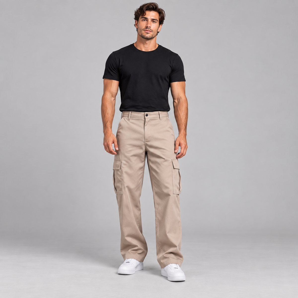 A man modeling a pair of beige cargo pants with a black t-shirt and white sneakers, standing against a solid gray studio background.