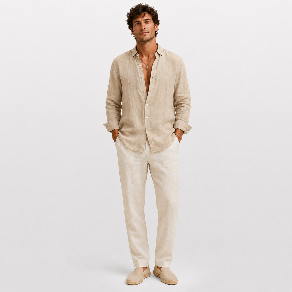 Man wearing a beige linen shirt and pants on a white background