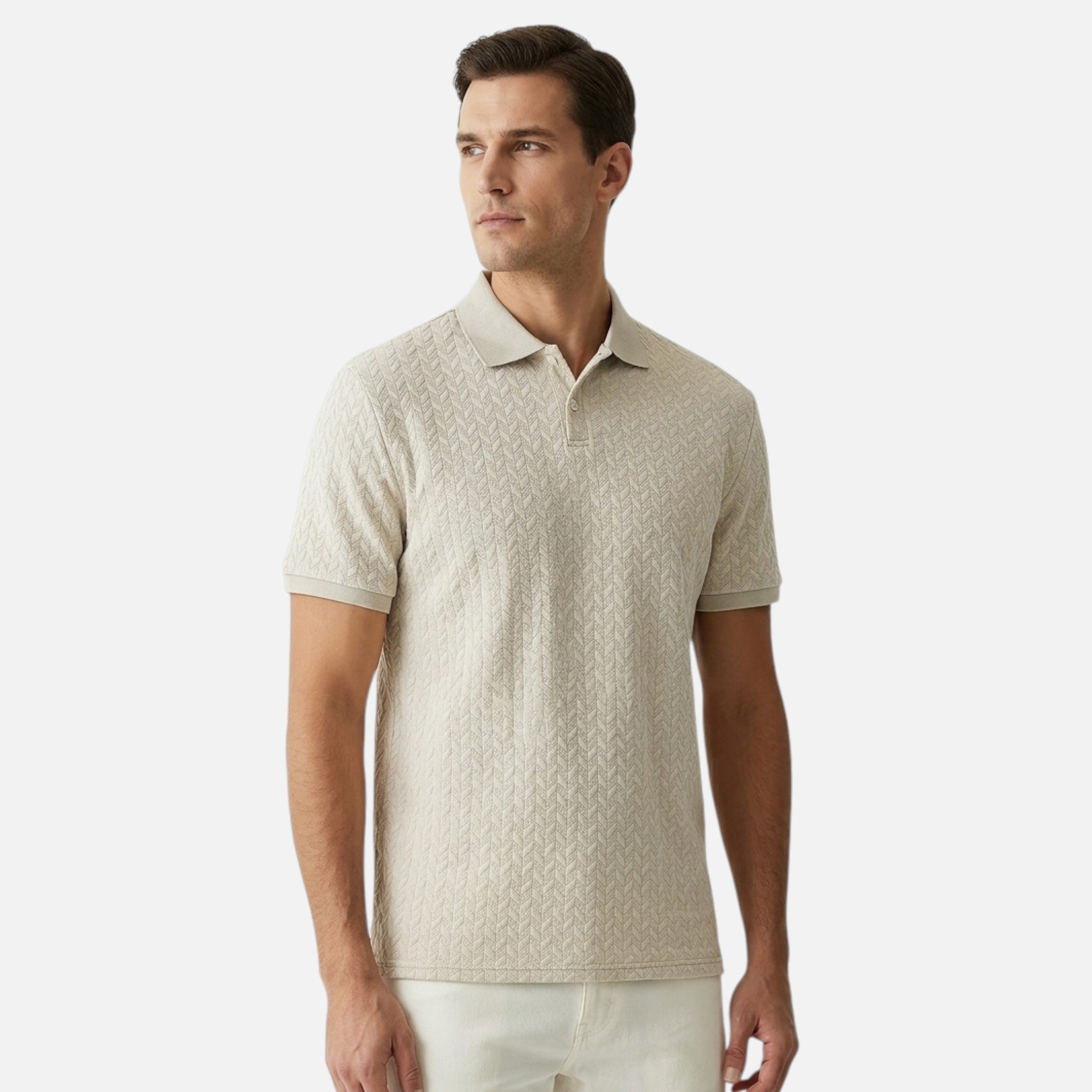 Man wearing a beige patterned polo shirt on a white background