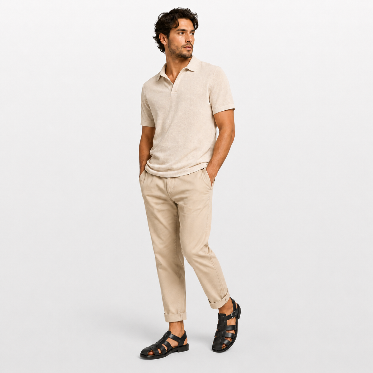 Man wearing a beige polo shirt and pants on a white background