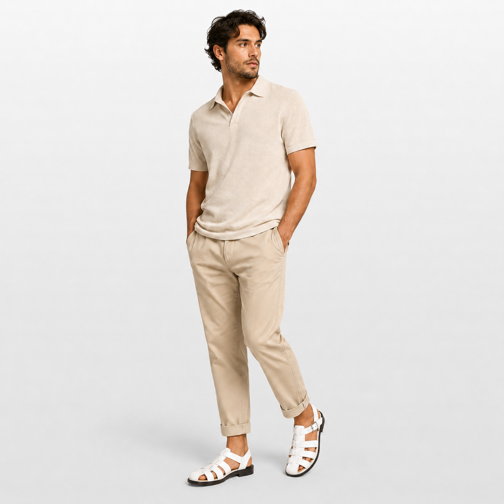 Man wearing a beige polo shirt and pants on a light gray background