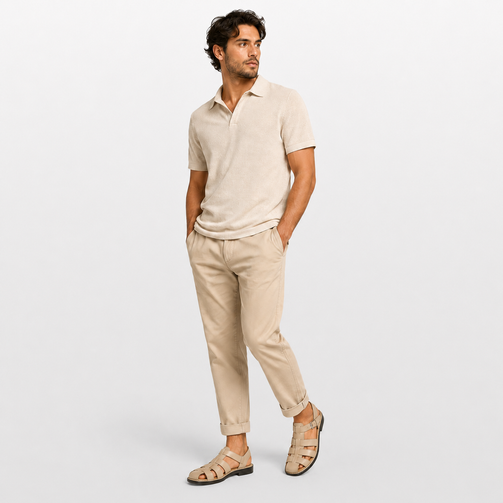 Man wearing a beige polo shirt and pants on a light gray background