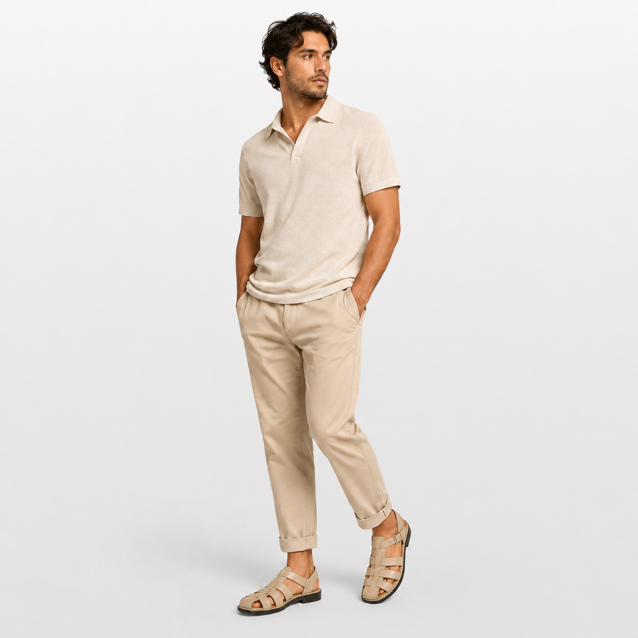 Man wearing a beige polo shirt and pants on a light gray background