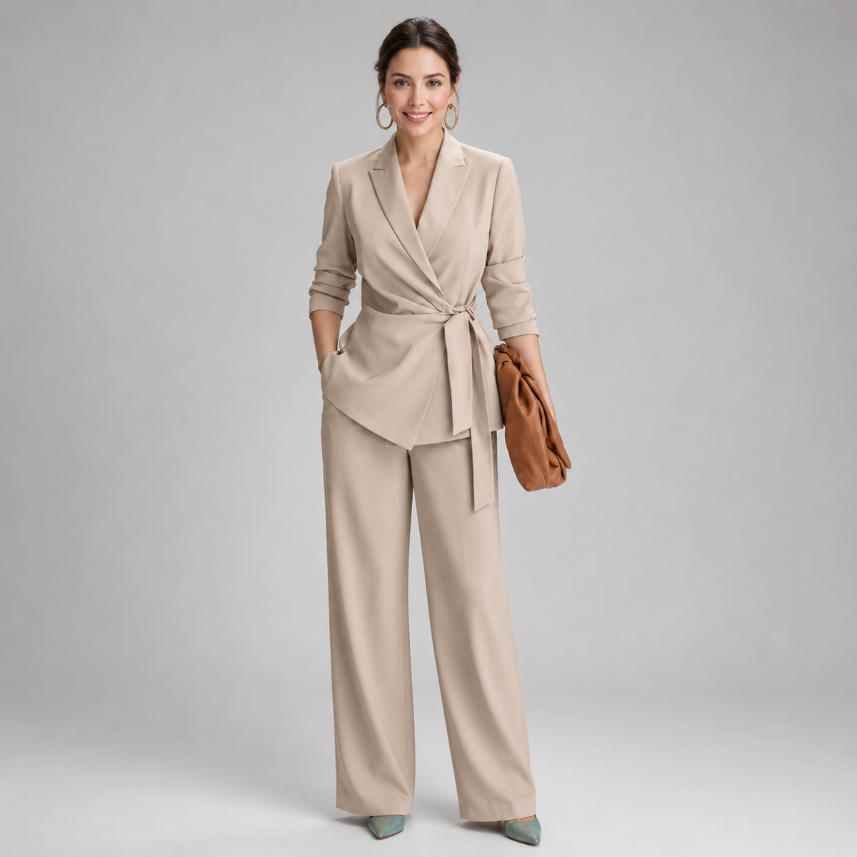 A woman models a beige two-piece suit consisting of a wrap-style blazer with a tie waist and matching wide-leg trousers, paired with a brown clutch and green pointed shoes, against a neutral gray studio background.
