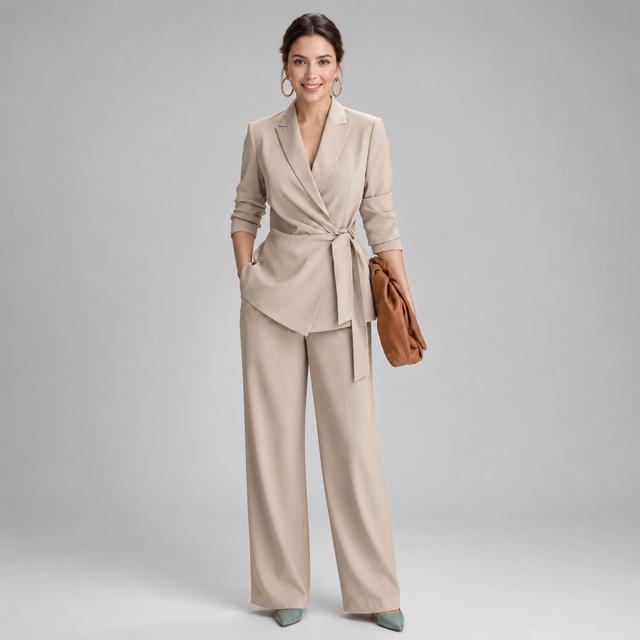 A woman models a beige two-piece suit consisting of a wrap-style blazer with a tie waist and matching wide-leg trousers, paired with a brown clutch and green pointed shoes, against a neutral gray studio background.
