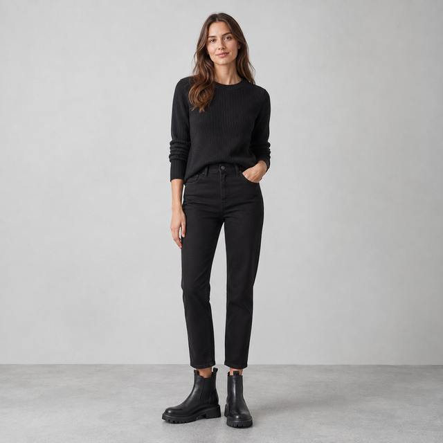 A woman stands in a studio wearing a black ribbed crewneck sweater, black ankle-length jeans, and black Chelsea-style boots against a light gray background.