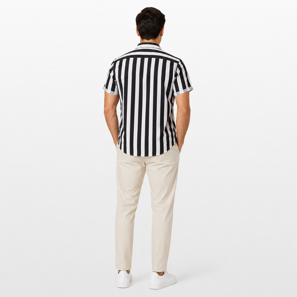Man wearing a black and white striped shirt and beige pants on a white background