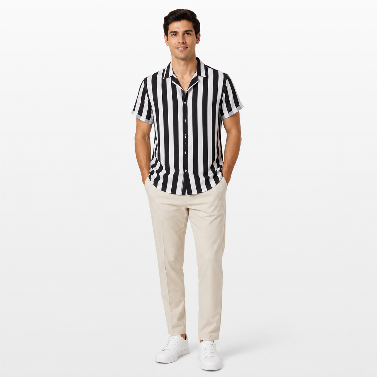 Man wearing a black and white striped shirt with beige pants on a white background