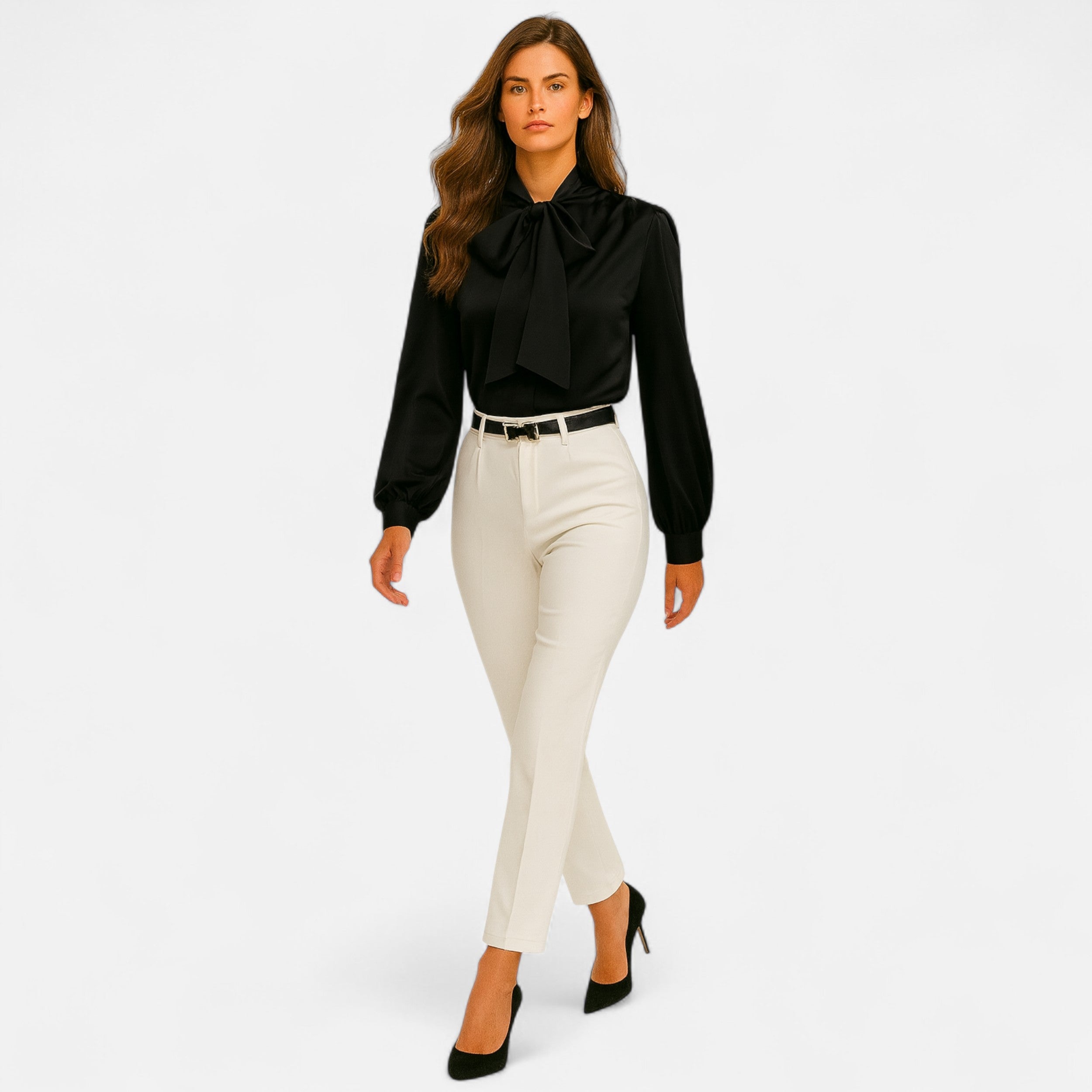 Woman wearing a black blouse and white pants on a white background