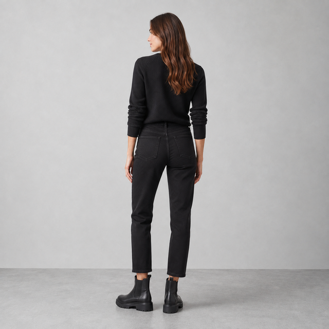 A woman is shown from behind wearing a black long-sleeve knit sweater, black cropped jeans, and black ankle boots against a neutral gray studio background.