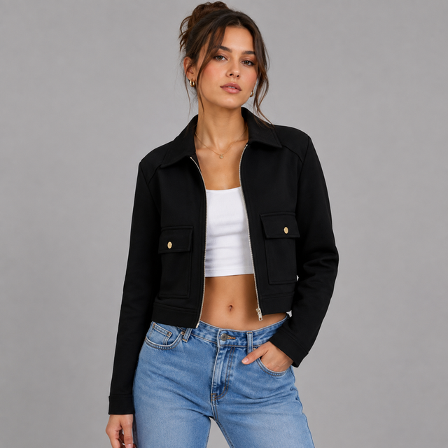 A woman modeling a black cropped zip-front jacket with flap chest pockets and gold-tone snap details, worn over a white crop top and blue jeans against a plain gray studio background.