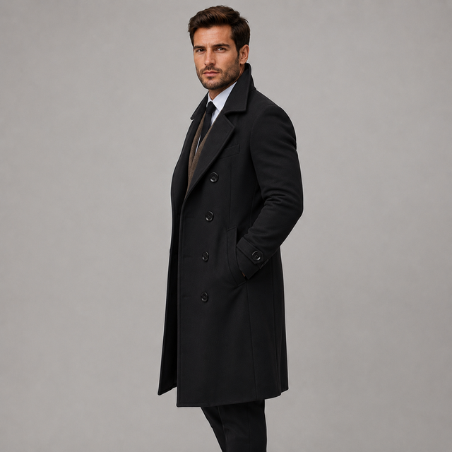 A man wearing a long black double-breasted overcoat, styled with a white dress shirt and brown tie, standing against a solid gray studio background.