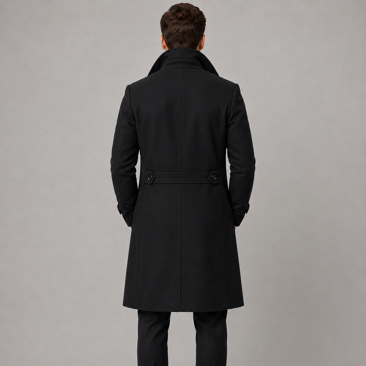 A man viewed from behind wearing a black mid-length coat with a waist belt and large collar, paired with dark trousers, against a plain light gray studio background.