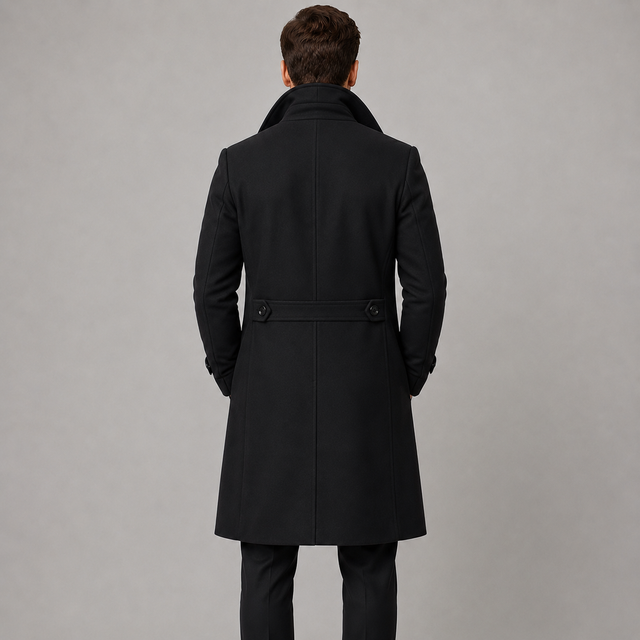 A man viewed from behind wearing a black mid-length coat with a waist belt and large collar, paired with dark trousers, against a plain light gray studio background.