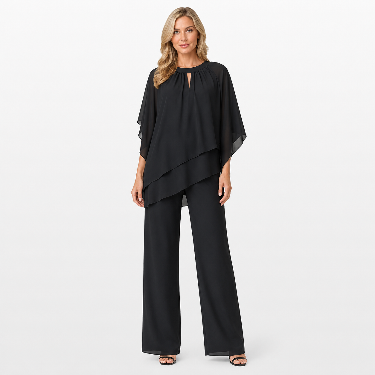 Woman wearing a black outfit on a white background