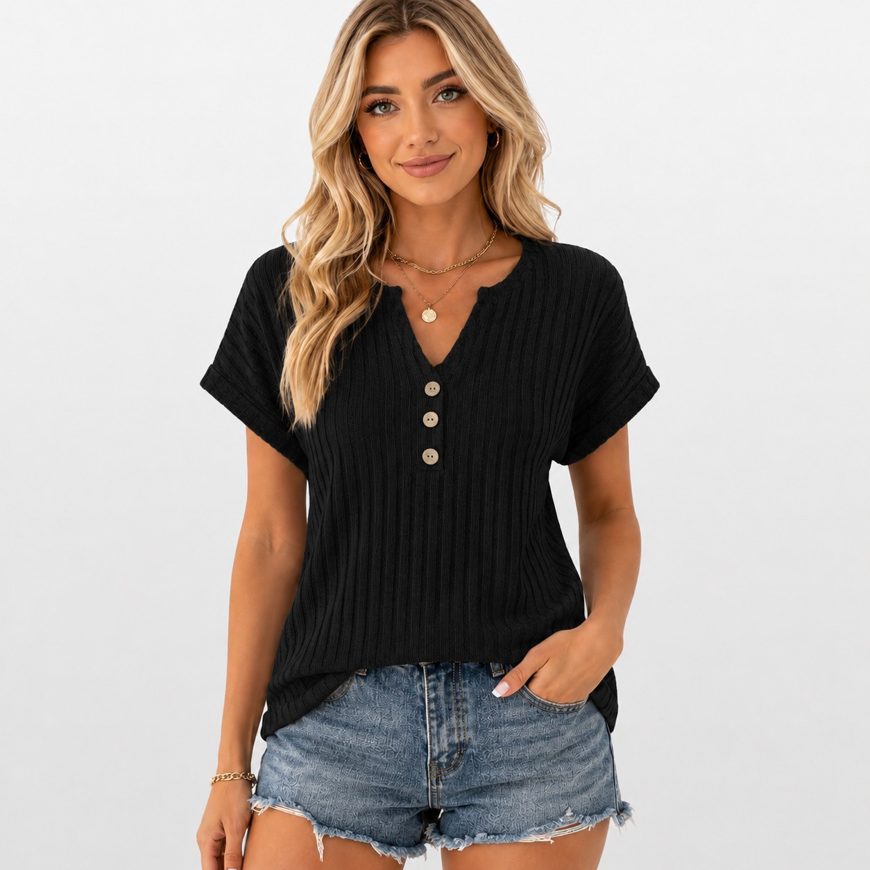 Woman wearing a black ribbed henley shirt and denim shorts on a white background