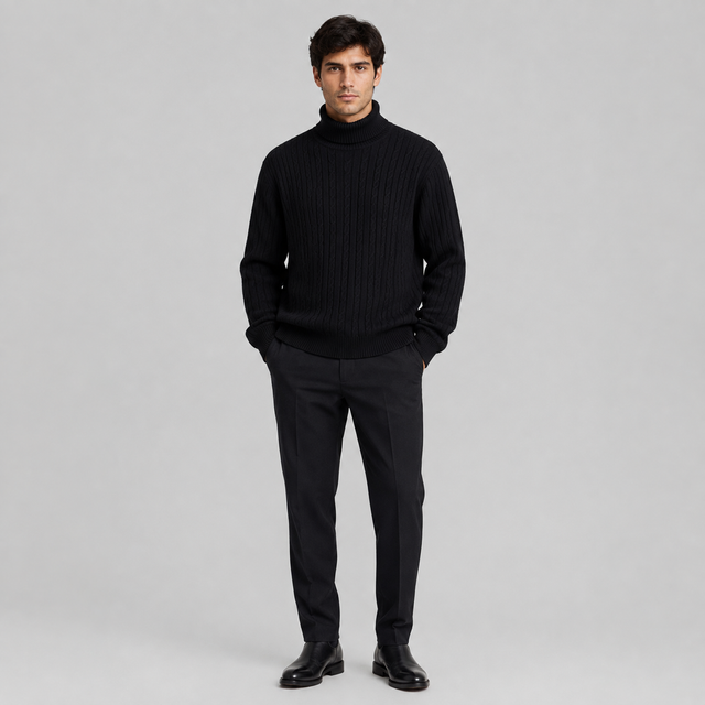 A man wearing a black ribbed turtleneck sweater, black trousers, and black dress shoes, standing against a light gray studio background.