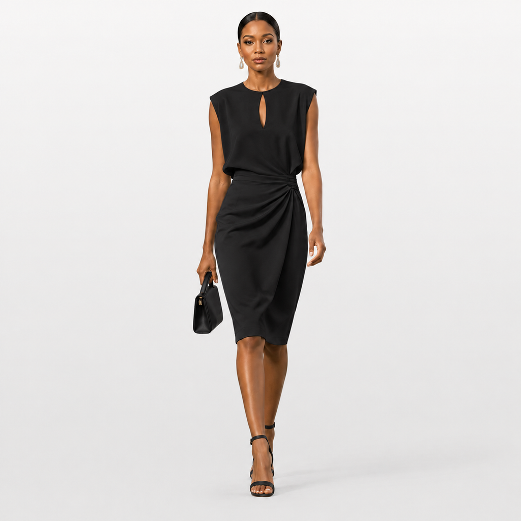 Woman wearing a black dress on a white background