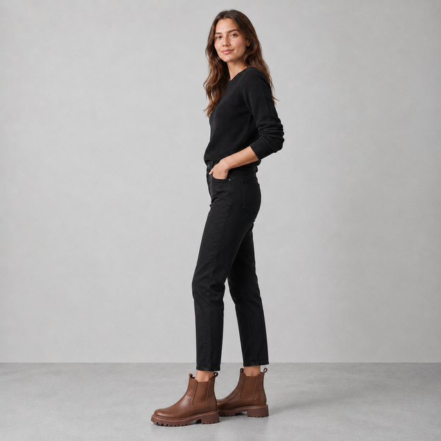 A woman stands in profile wearing a black long-sleeve top, black slim-fit jeans, and brown Chelsea-style ankle boots against a light gray studio background.