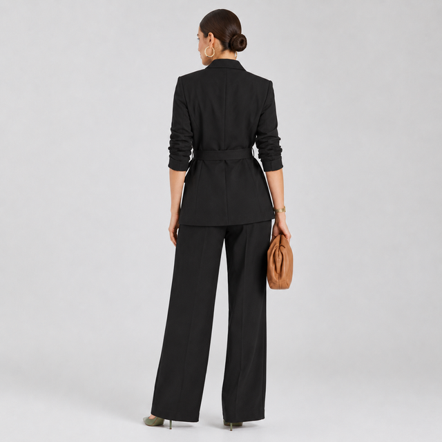 A woman is shown from behind wearing a black tailored blazer with a waist tie and matching wide-leg trousers, holding a small brown clutch against a light gray studio background.
