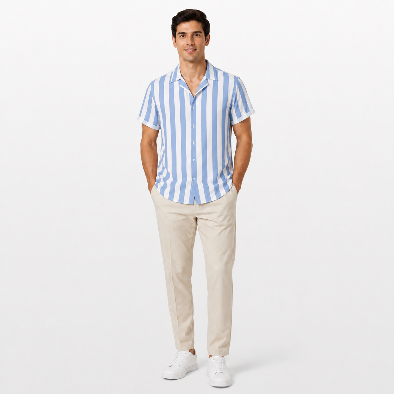 Man wearing a blue and white striped shirt with beige pants on a white background