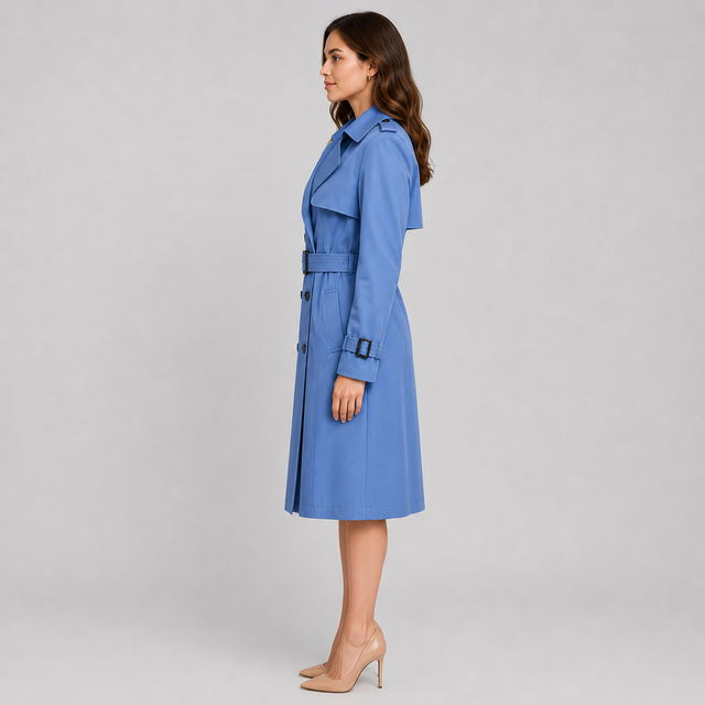 A woman modeling a blue knee-length trench coat in side profile against a light gray studio background.