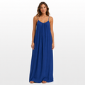 Woman wearing a blue maxi dress on a white background
