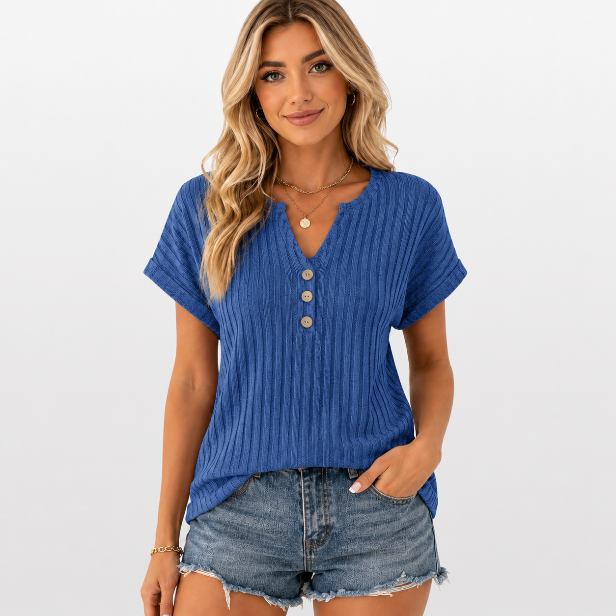 Woman wearing a blue ribbed top with button details on a white background