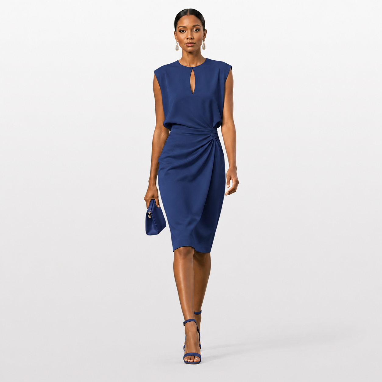Woman wearing a blue dress on a white background