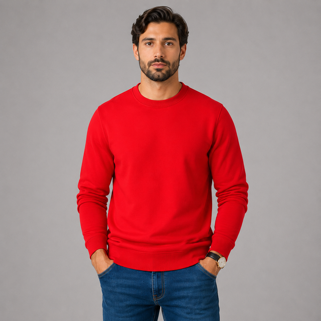 A man wearing a bright red crewneck sweatshirt and blue jeans, standing against a solid gray studio background.