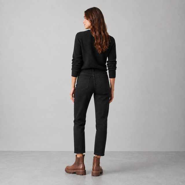 A woman is shown from behind wearing a black long-sleeve knit top, black cropped jeans, and brown ankle boots against a neutral gray studio background.
