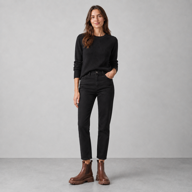 A woman stands against a light gray studio background wearing a black ribbed long-sleeve sweater, black ankle-length jeans, and brown leather ankle boots.