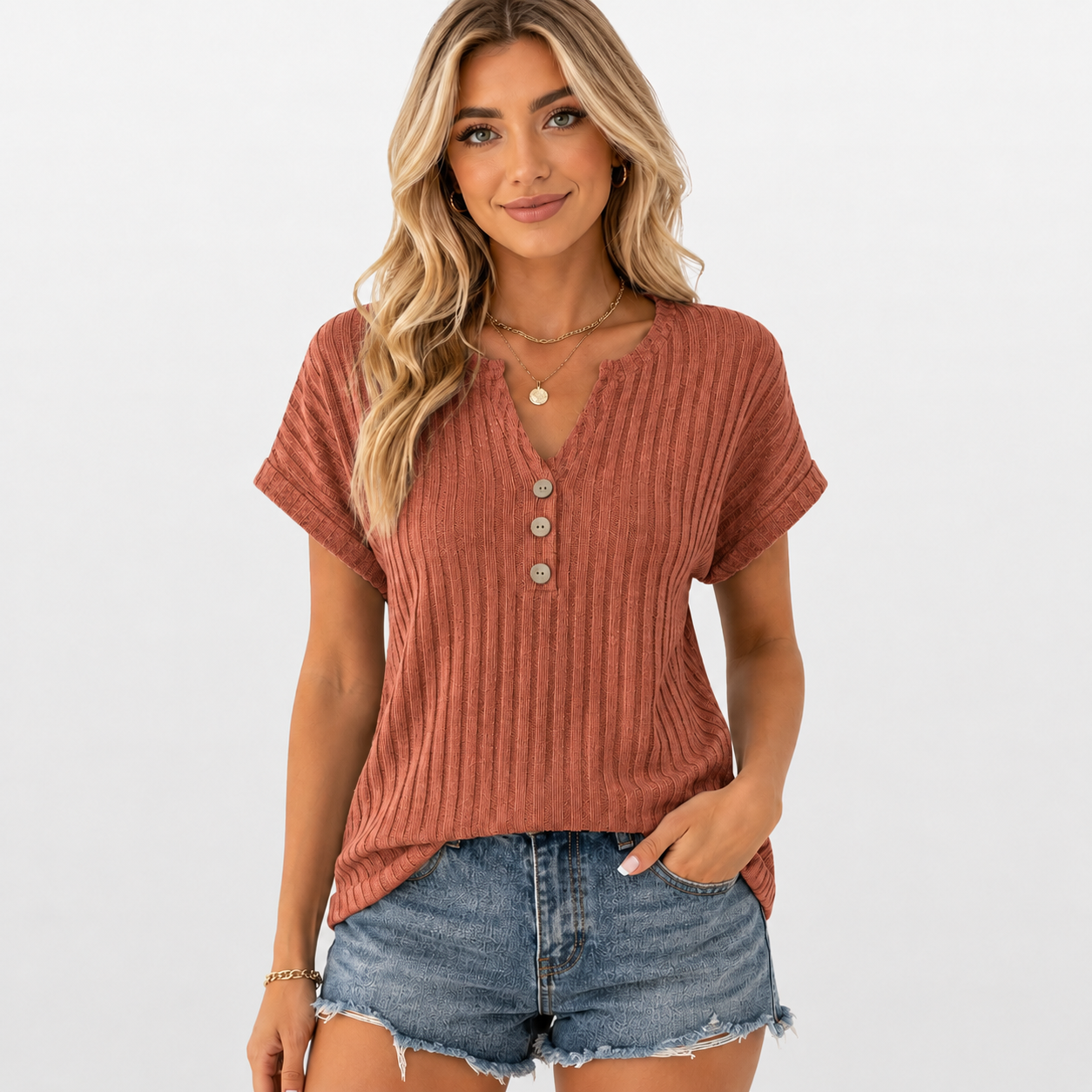 Woman wearing a brown ribbed top and denim shorts on a white background
