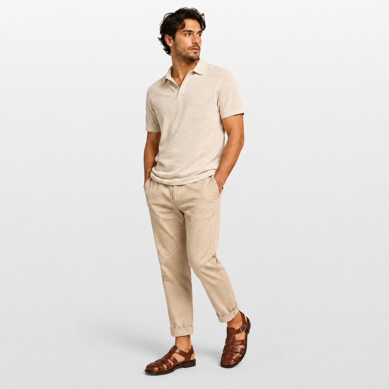 Man wearing a beige polo shirt and pants with brown sandals on a light gray background