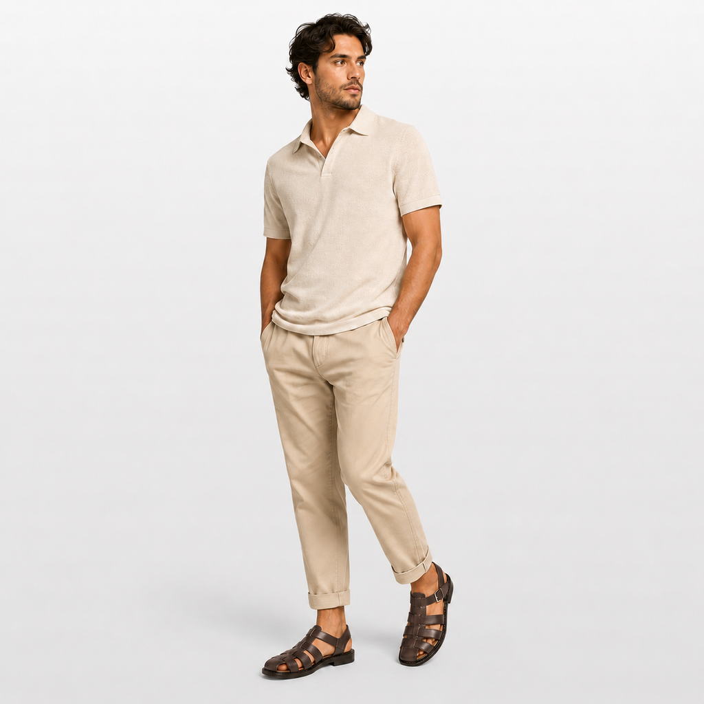 Man wearing a beige polo shirt and pants on a light gray background