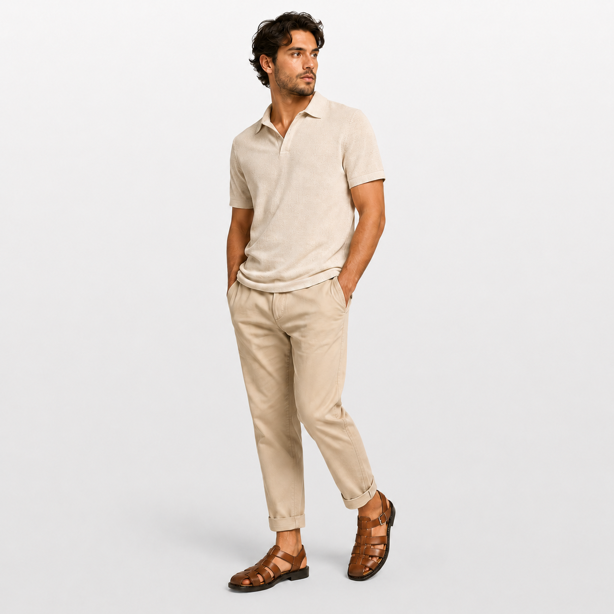Man wearing a beige polo shirt and pants with brown shoes on a light gray background