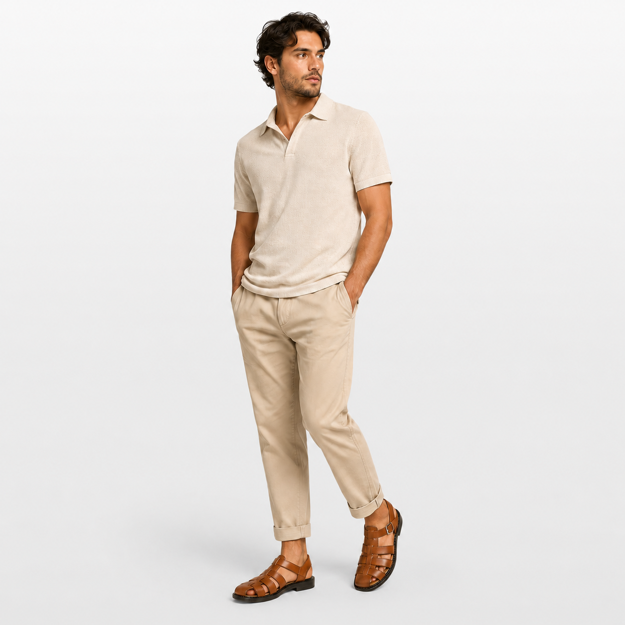 Man wearing a beige polo shirt and pants with brown shoes on a white background
