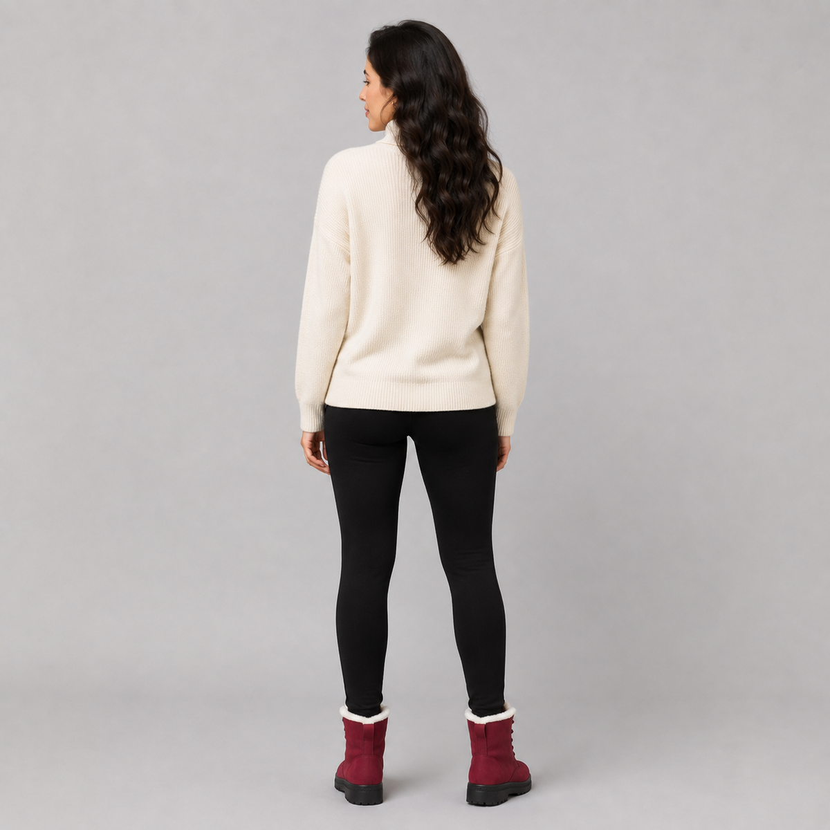 A woman is shown from behind wearing a cream-colored knit sweater, black leggings, and burgundy ankle boots with white faux-fur trim, against a solid gray studio background.