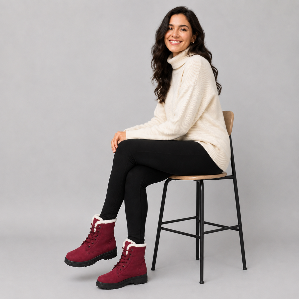 A woman sits on a stool wearing burgundy ankle boots with white fleece lining, black leggings, and a cream turtleneck sweater against a solid gray studio background.