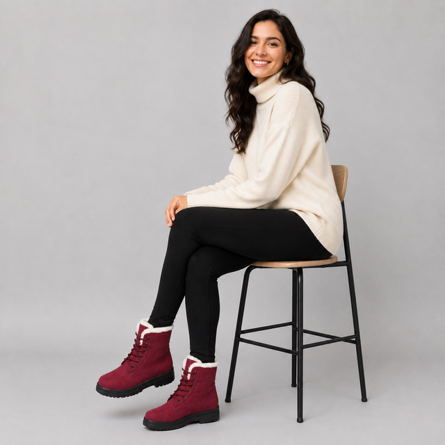 A woman sits on a stool wearing burgundy ankle boots with white fleece lining, black leggings, and a cream turtleneck sweater against a solid gray studio background.